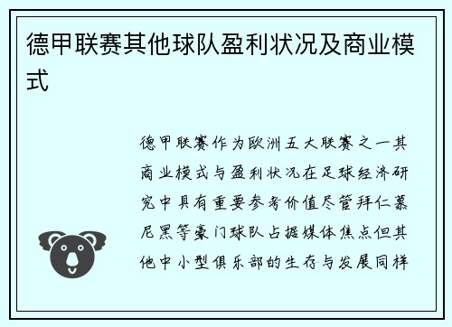 德甲联赛其他球队盈利状况及商业模式